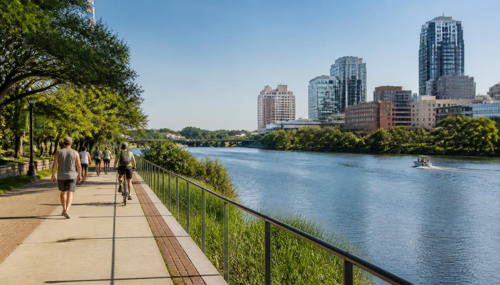 Riverside greenway trail beside a wide river with the city skyline behind — illustrative Knoxville scene.