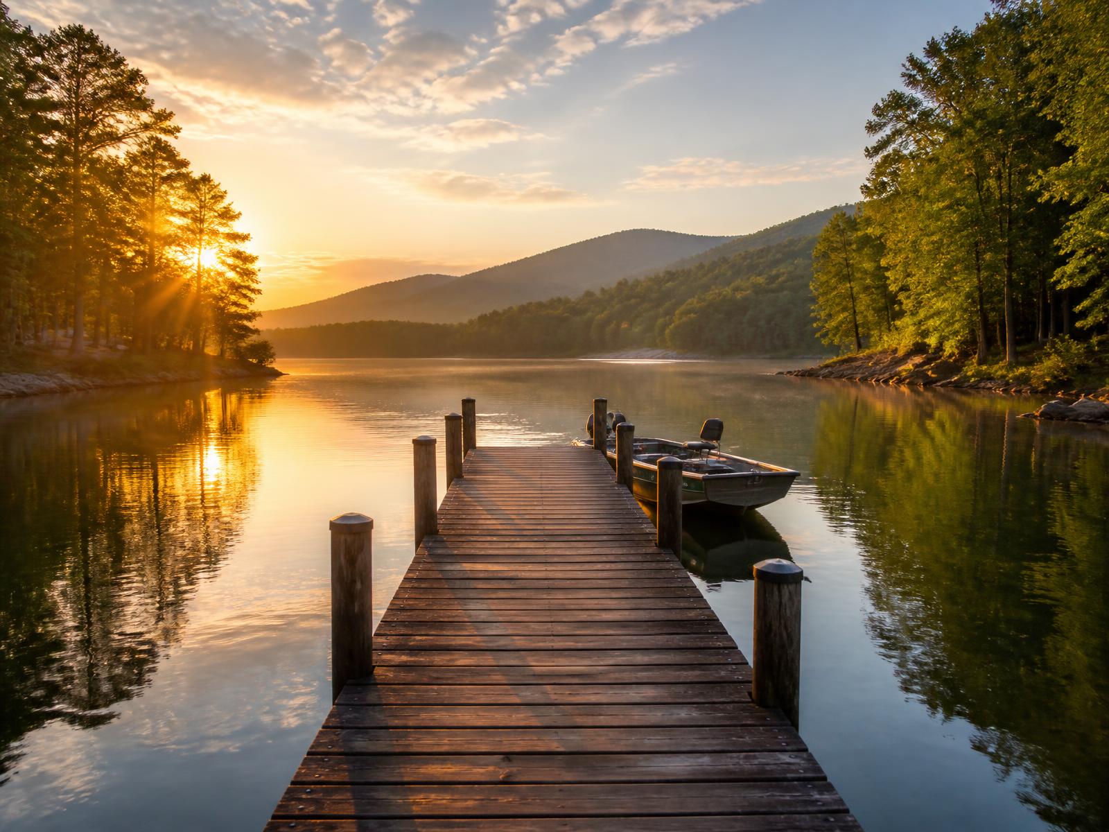 Wooden dock reaching into a calm East Tennessee lake cove at sunrise — illustrative Cherokee Lake scene.