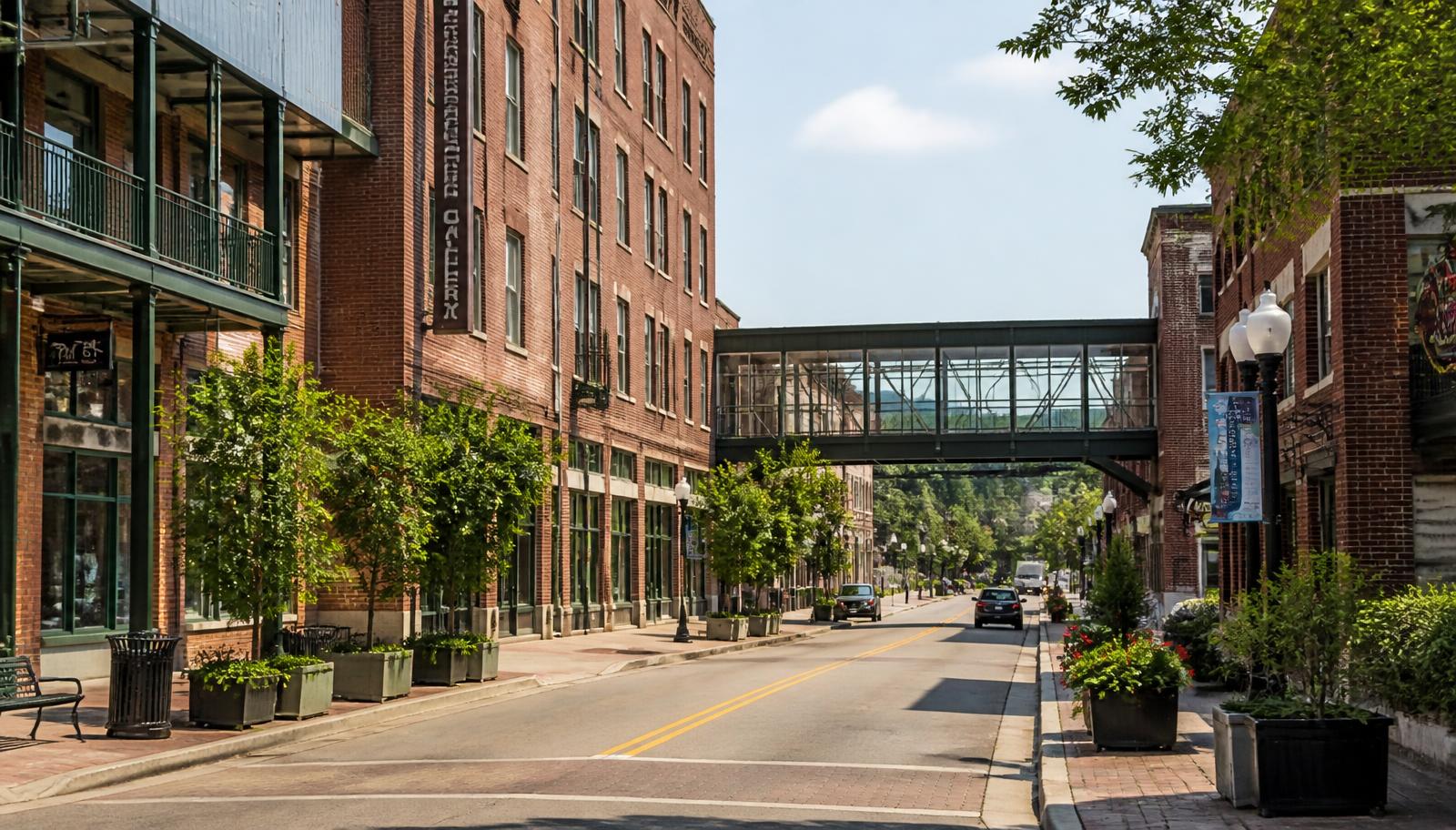 Historic downtown & elevated SkyMart walkways — illustrative scene, not a specific listing.