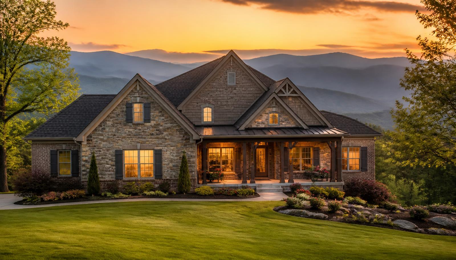East Tennessee home at golden hour with mountain ridges behind it