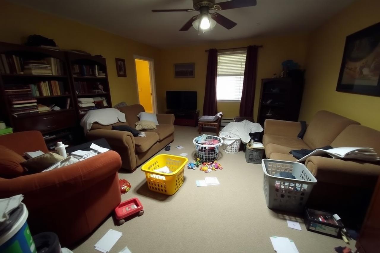 Cluttered living room before listing preparation