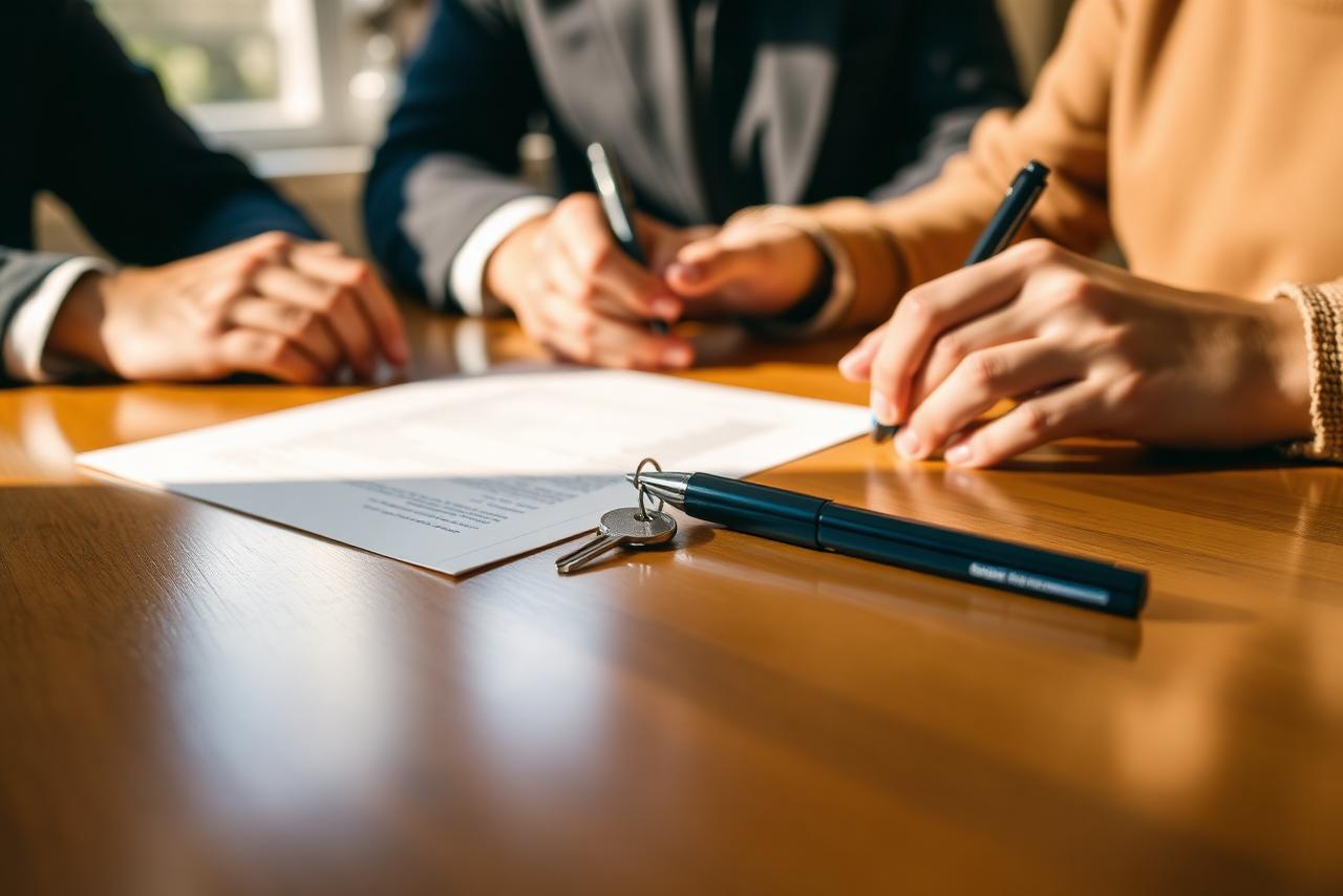 Buyers and sellers signing documents at a closing table