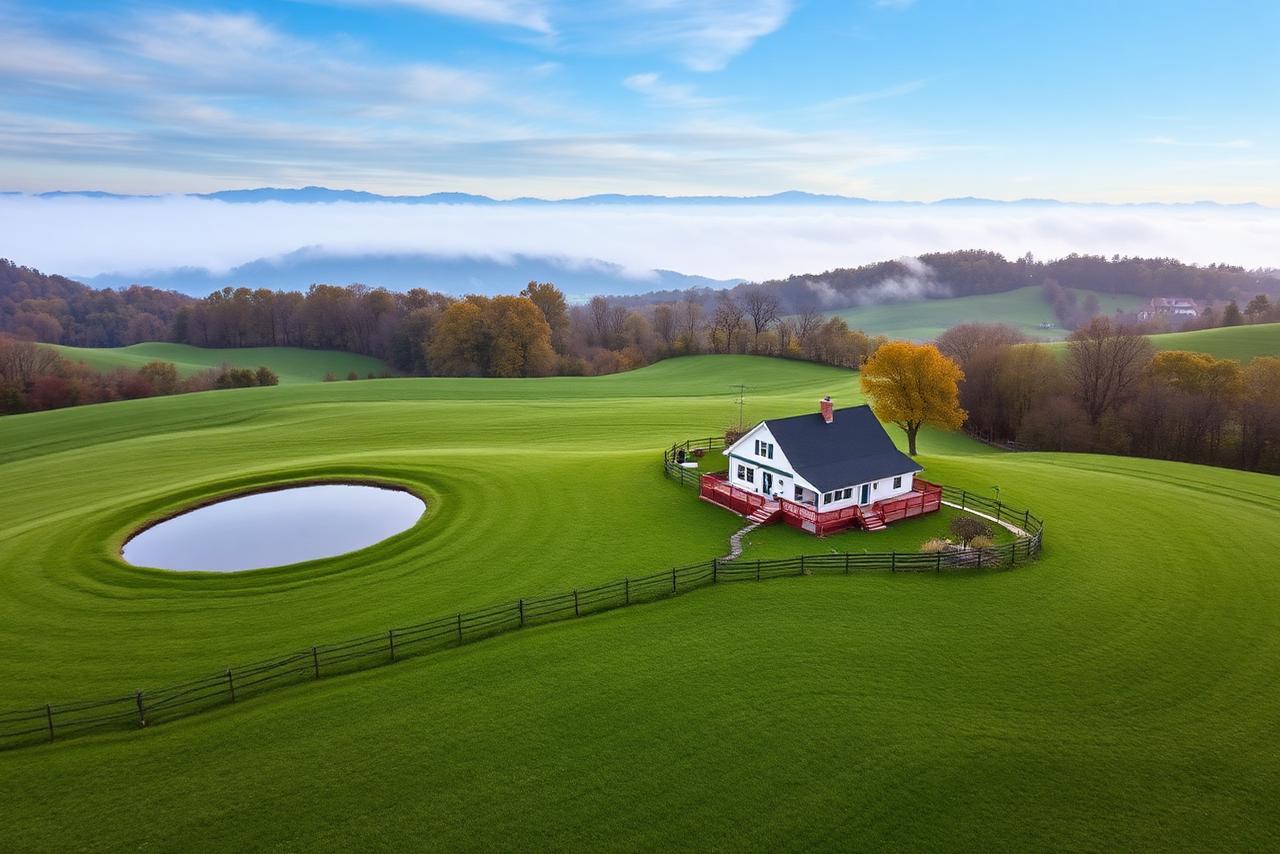 Aerial view of an East Tennessee farmhouse on rolling acreage