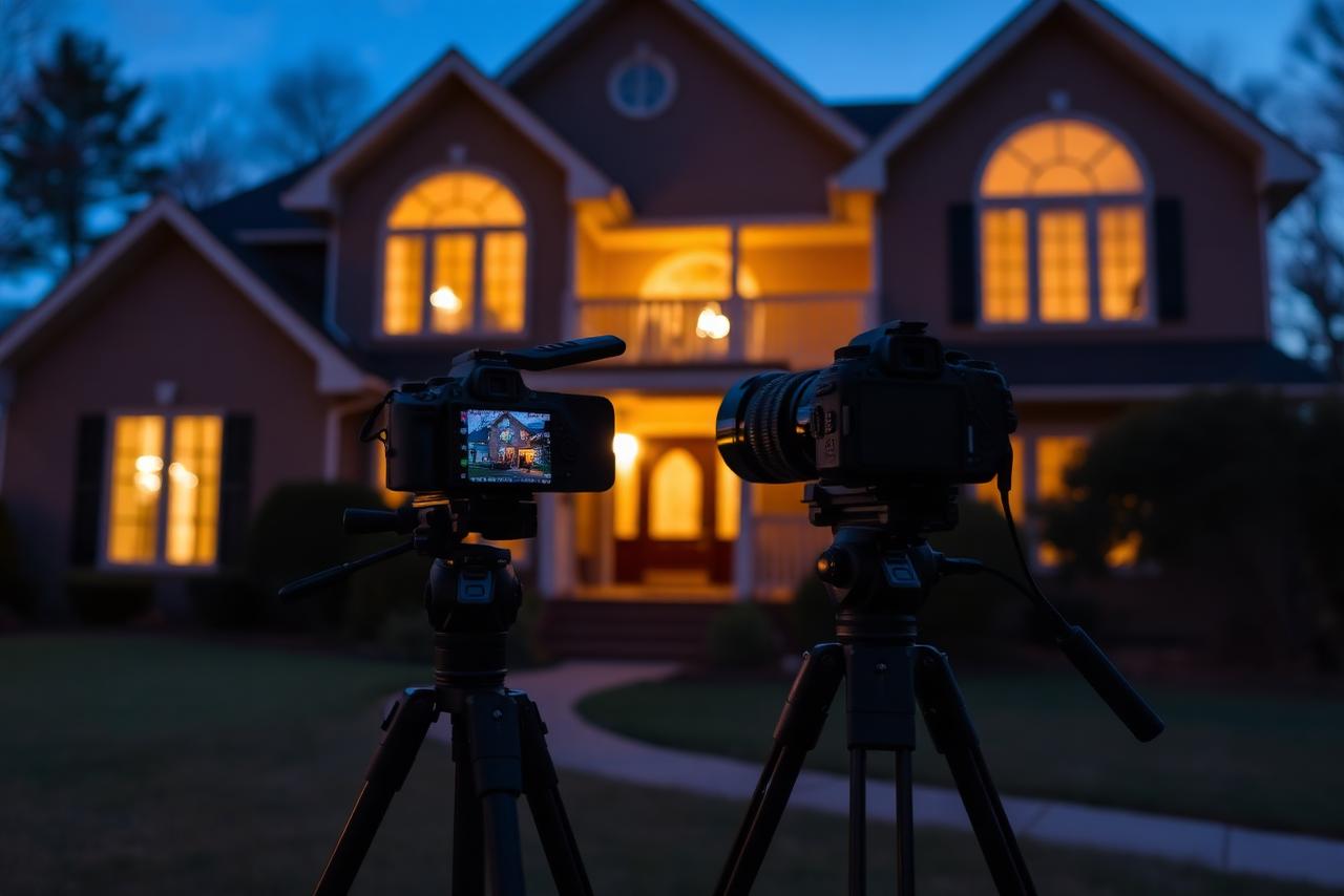Professional photographer shooting a twilight exterior of a home